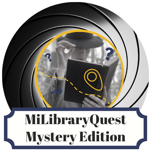 MiLibraryQuest logo with an image of a detective holding an open book, and the text MiLibraryQuest Mystery Edition